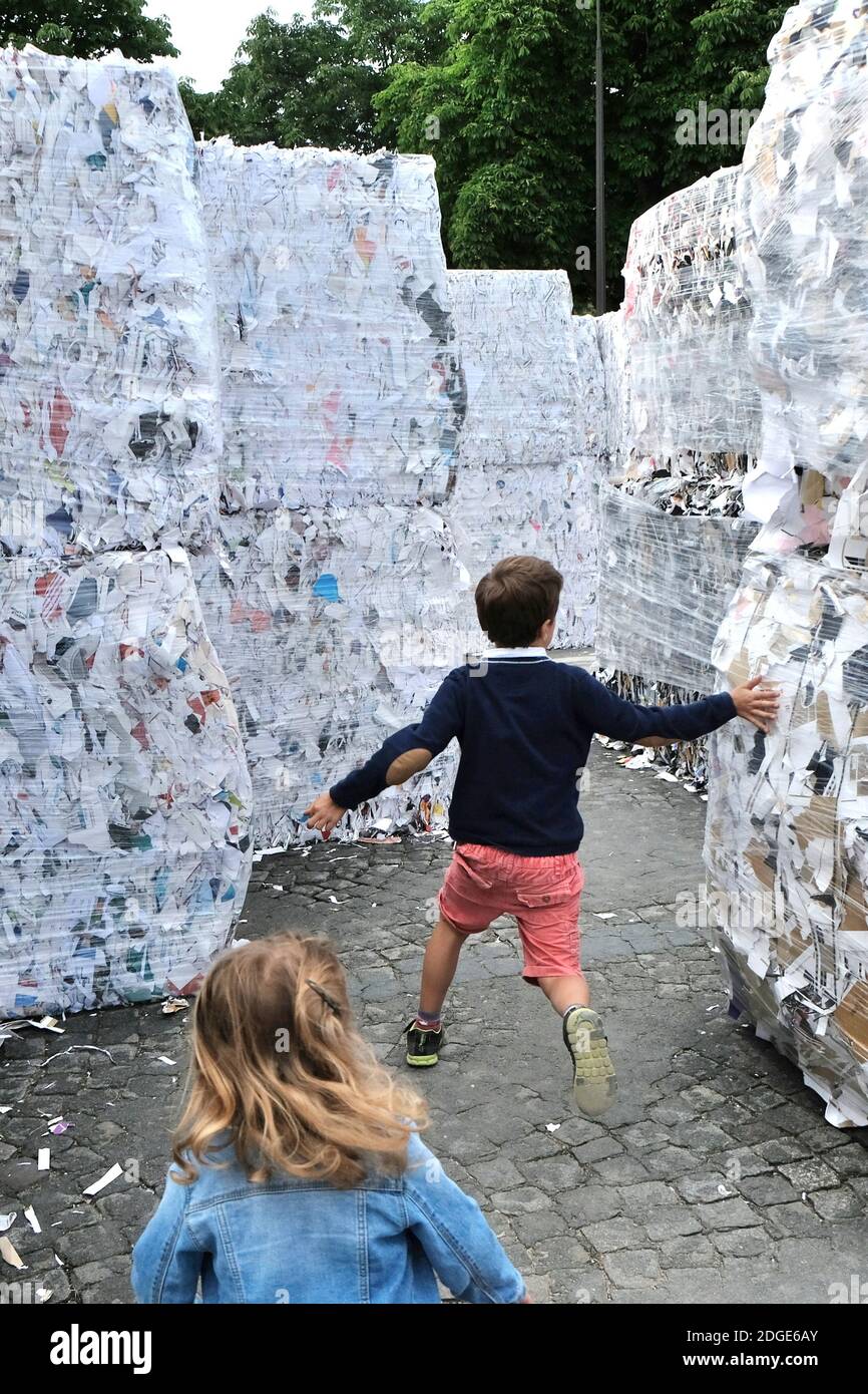 View of compacted papers for recycling during the 