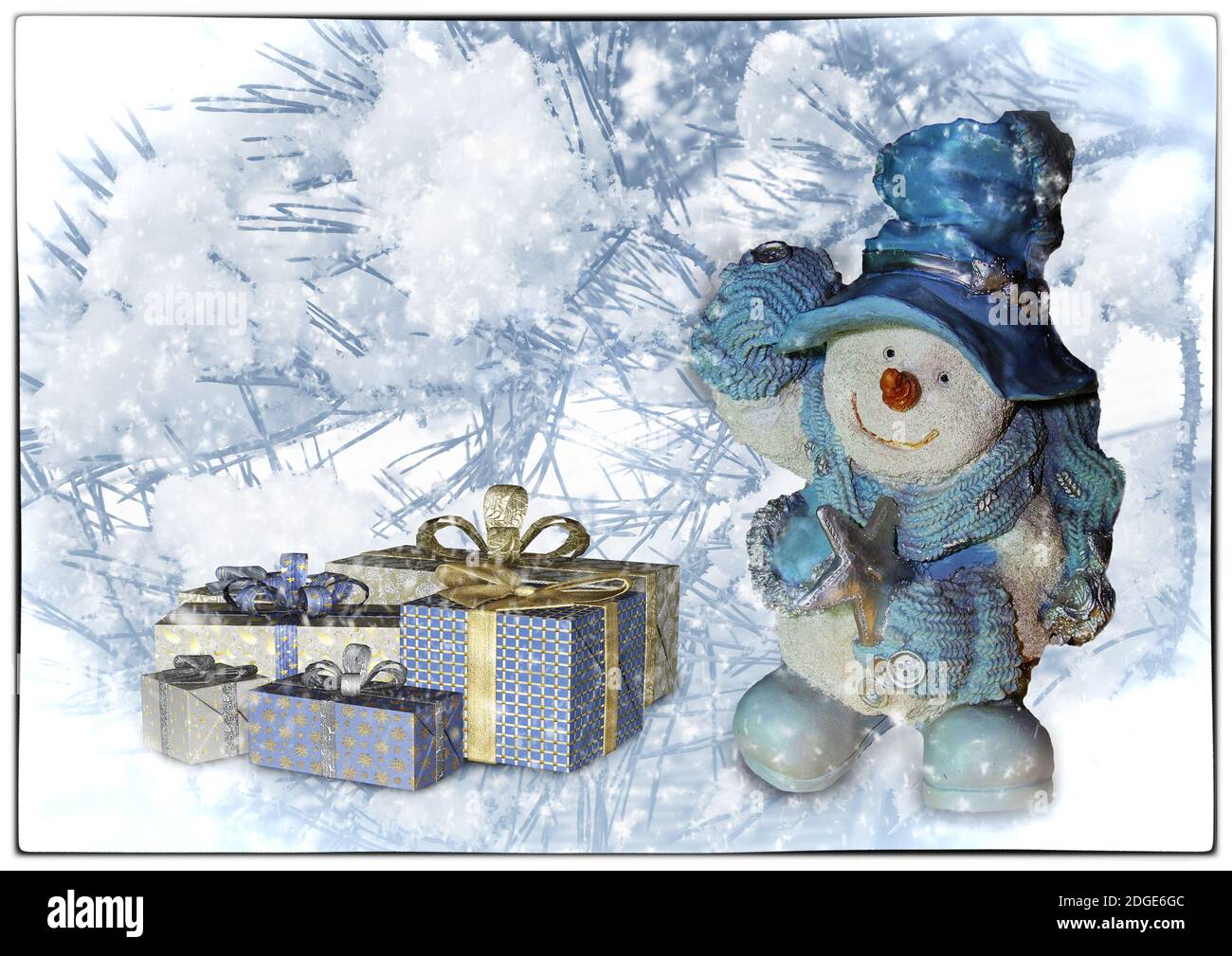 Christmas greeting card with the image of a snowman. Stock Photo
