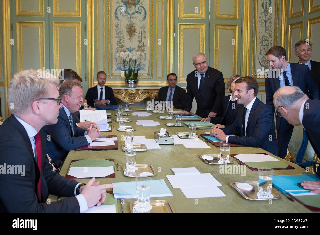 French president Emmanuel Macron meets Denmark's Prime minister Lars Lokke Rasmussen, on June 7, 2017 at the Elysee palace in Paris, France. Photo by Eliot Blondet/ABACAPRESS.COM Stock Photo