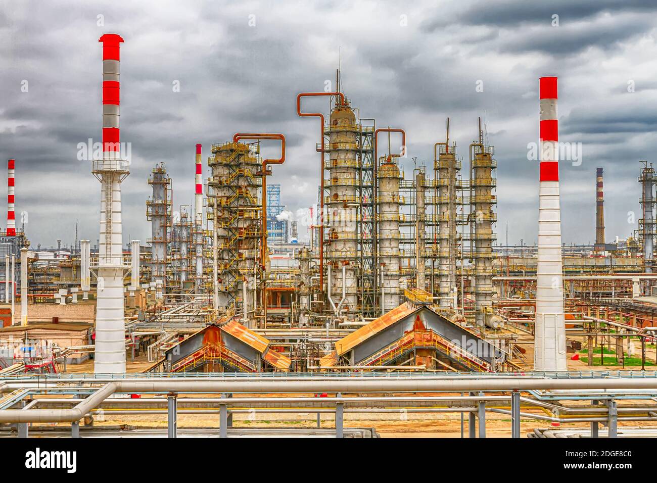 View of the new columns and chemical apparatus plant for oil refining at refinery Stock Photo