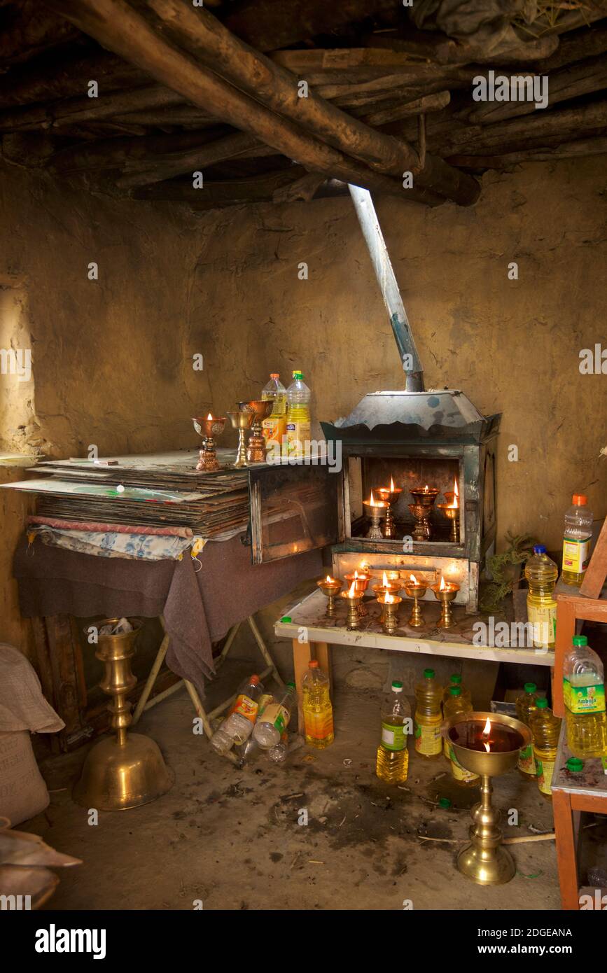 Candle room in the nunnery at Zangla, Zanskar valley north of Padum. Ladakh, Jammu & Kashmir