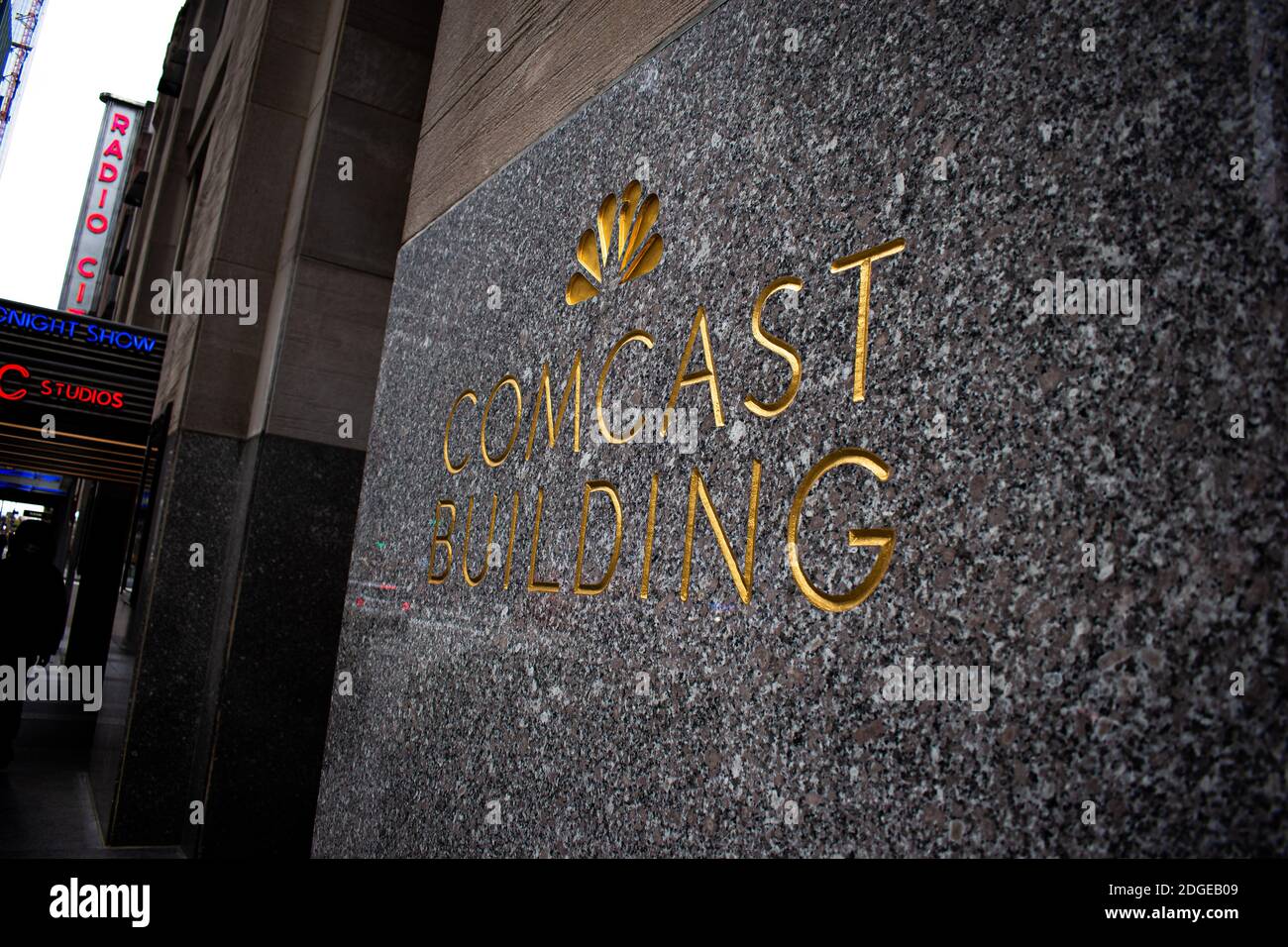 Closeup of The Comcast Building Sign in New York City Stock Photo