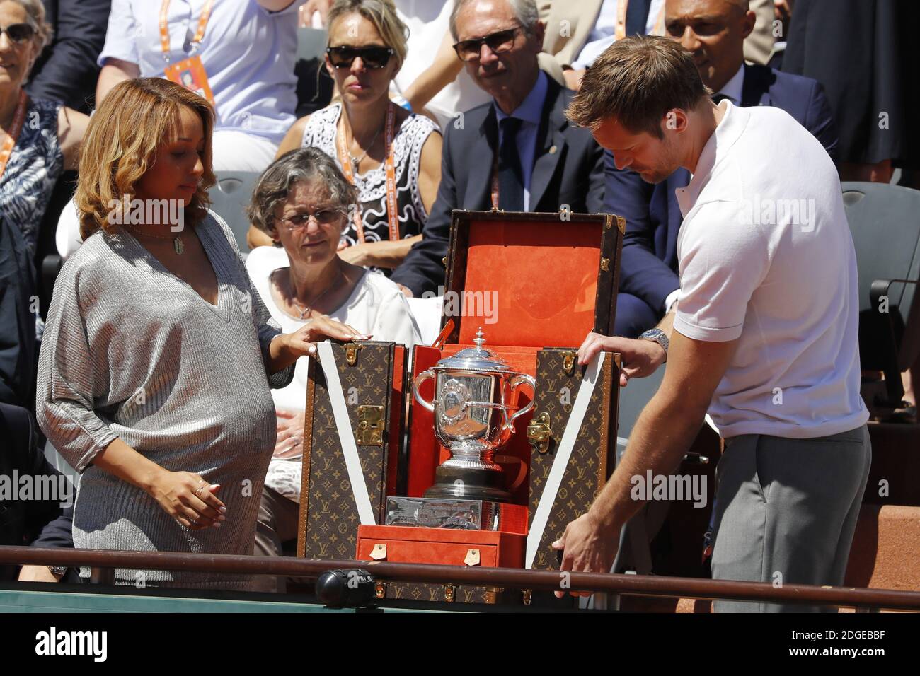 Estelle Mossely and Alexander Skarsgard at the Latvia's Jelena Ostapenko  when she won against Romania's Simona Halep in the women final of the 2017  French Tennis Open in Roland-Garros Stadium, Paris, France