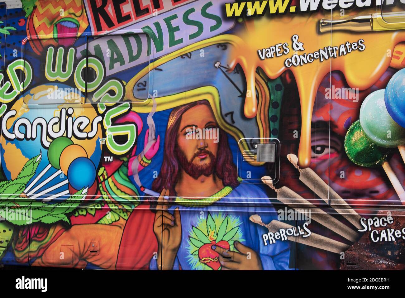 Weed World Ad on a Truck of Jesus Smoking Weed Stock Photo