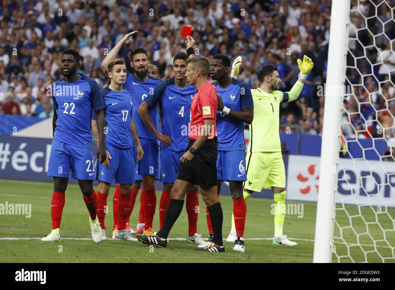 France's Raphael Varane got a red card after a big foul during the Friendly  International Soccer match, France vs England at Stade de France in  Saint-Denis, suburb of Paris, France on June