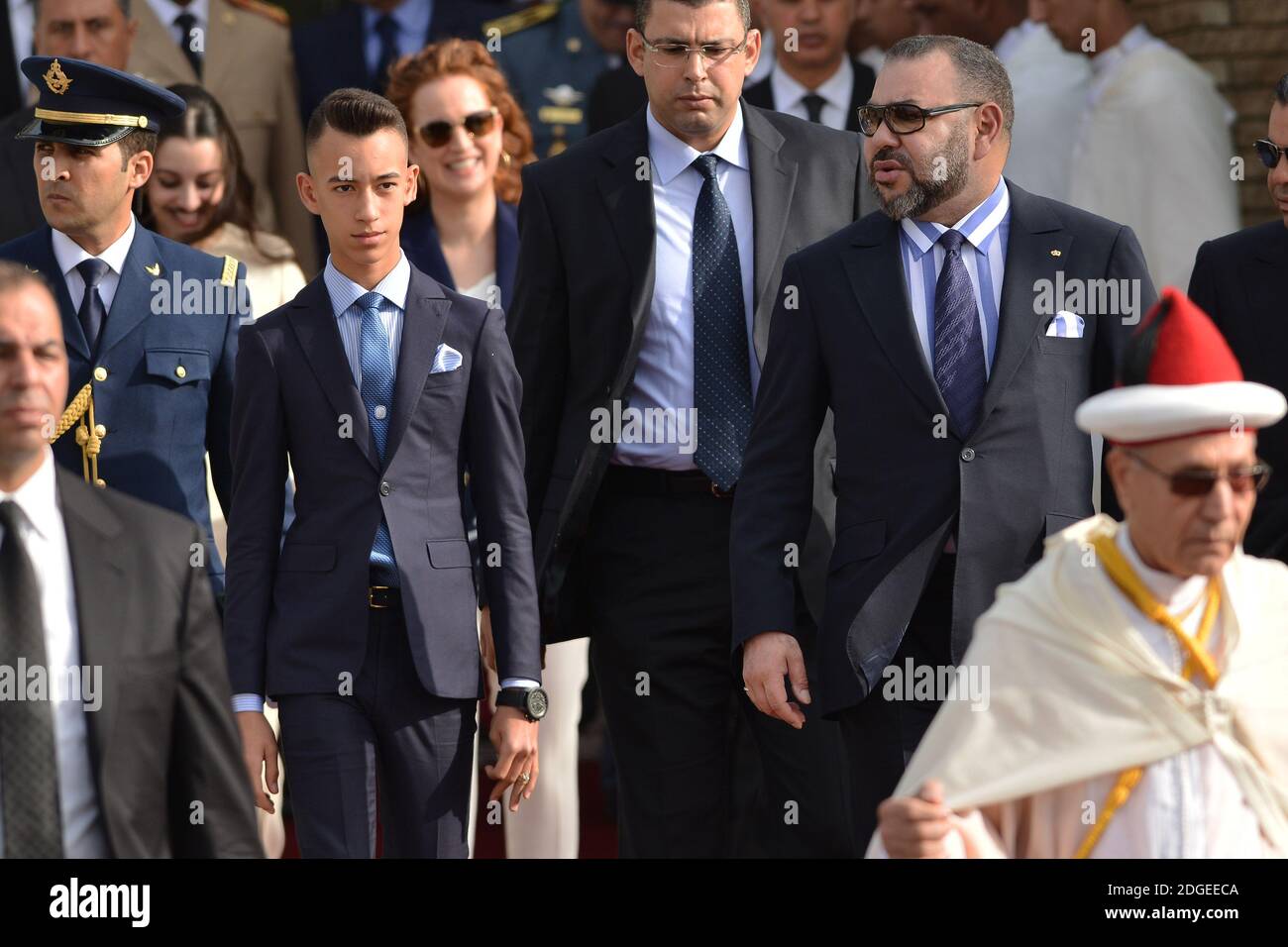 Moulay Hassan, Crown Prince of Morocco and Mohammed VI of Morocco welcome French president Emmanuel Macron at the Rabat airport on his private visit to Morocco on June 14, 2017. Photo by Lionel Hahn/ABACAPRESS.COM Stock Photo