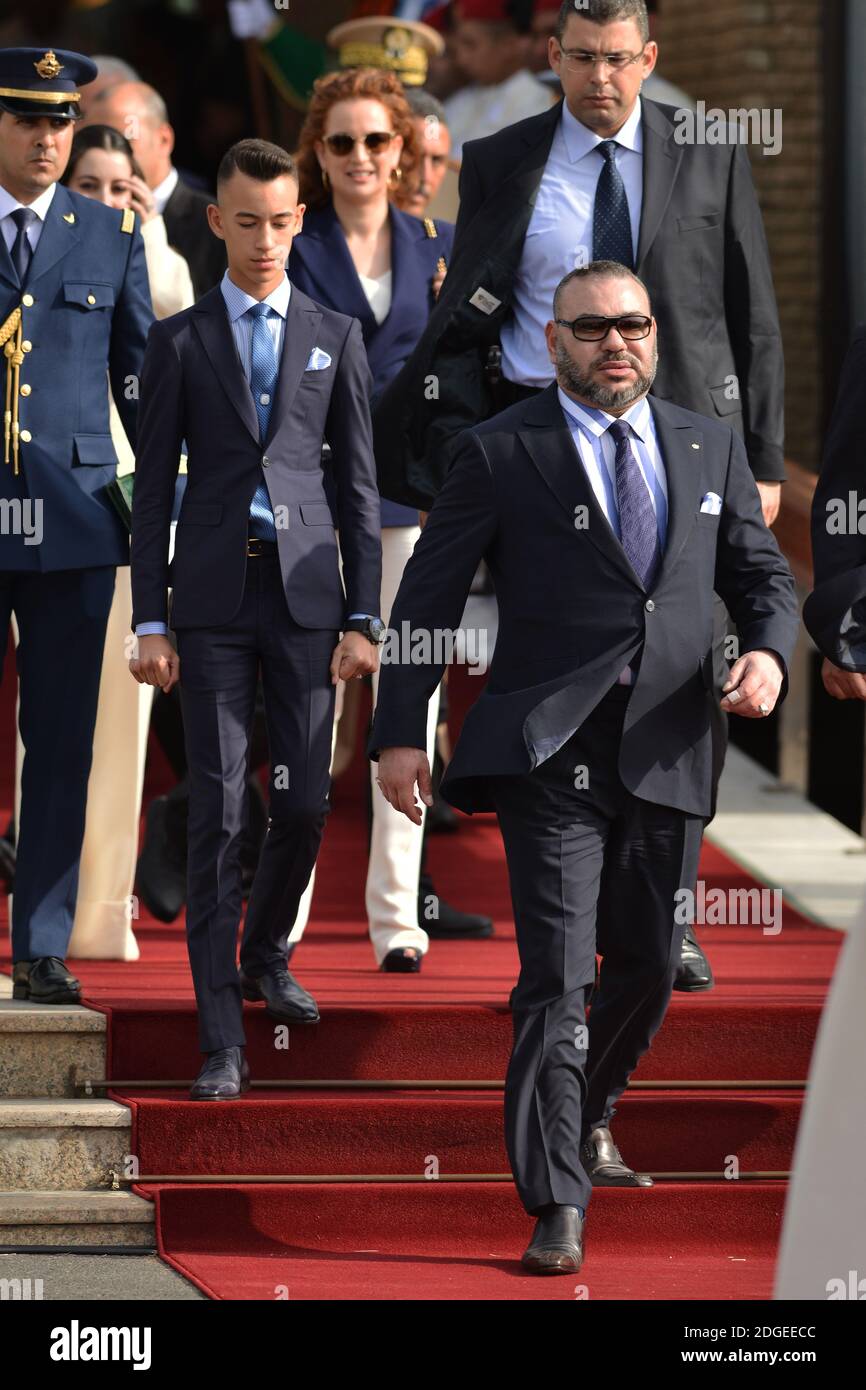 Moulay Hassan, Crown Prince of Morocco and Mohammed VI of Morocco welcome French president Emmanuel Macron at the Rabat airport on his private visit to Morocco on June 14, 2017. Photo by Lionel Hahn/ABACAPRESS.COM Stock Photo