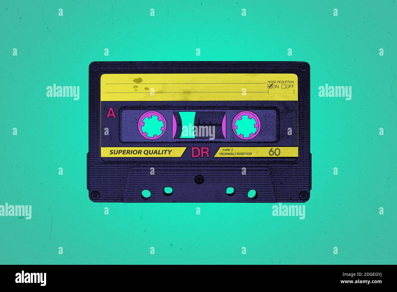 A retro 1990's or 1980's themed vibrant neon synthwave style audio cassette illustration background with copy space Stock Photo