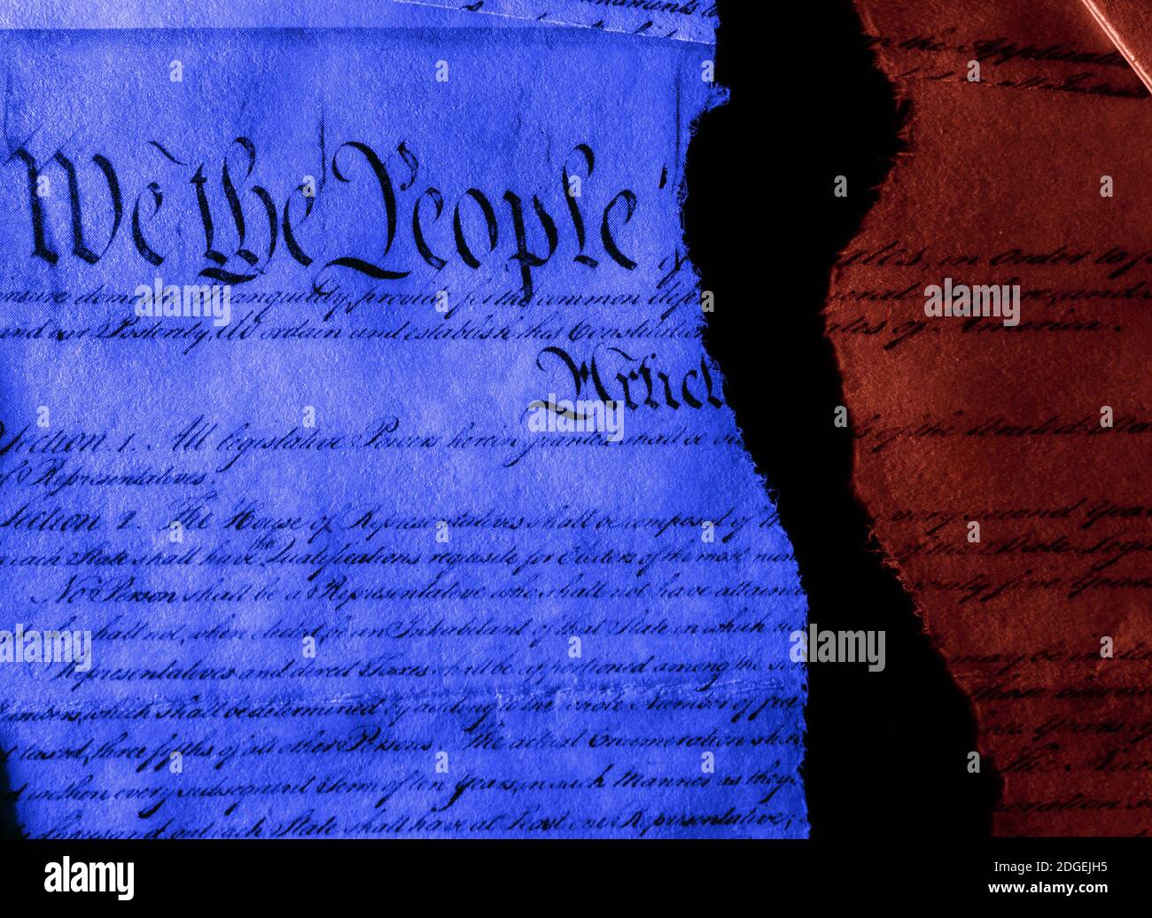 The US Constitution politics ripped in half Stock Photo