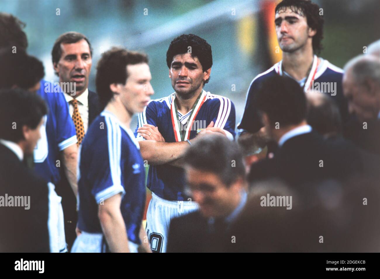 Rome, Italy. 8th July, 1990. Diego Maradona (ARG) Football/Soccer : Diego  Maradona of Argentina looks dejected after the 1990 FIFA World Cup final  match between West Germany 1-0 Argentina at Stadio Olimpico