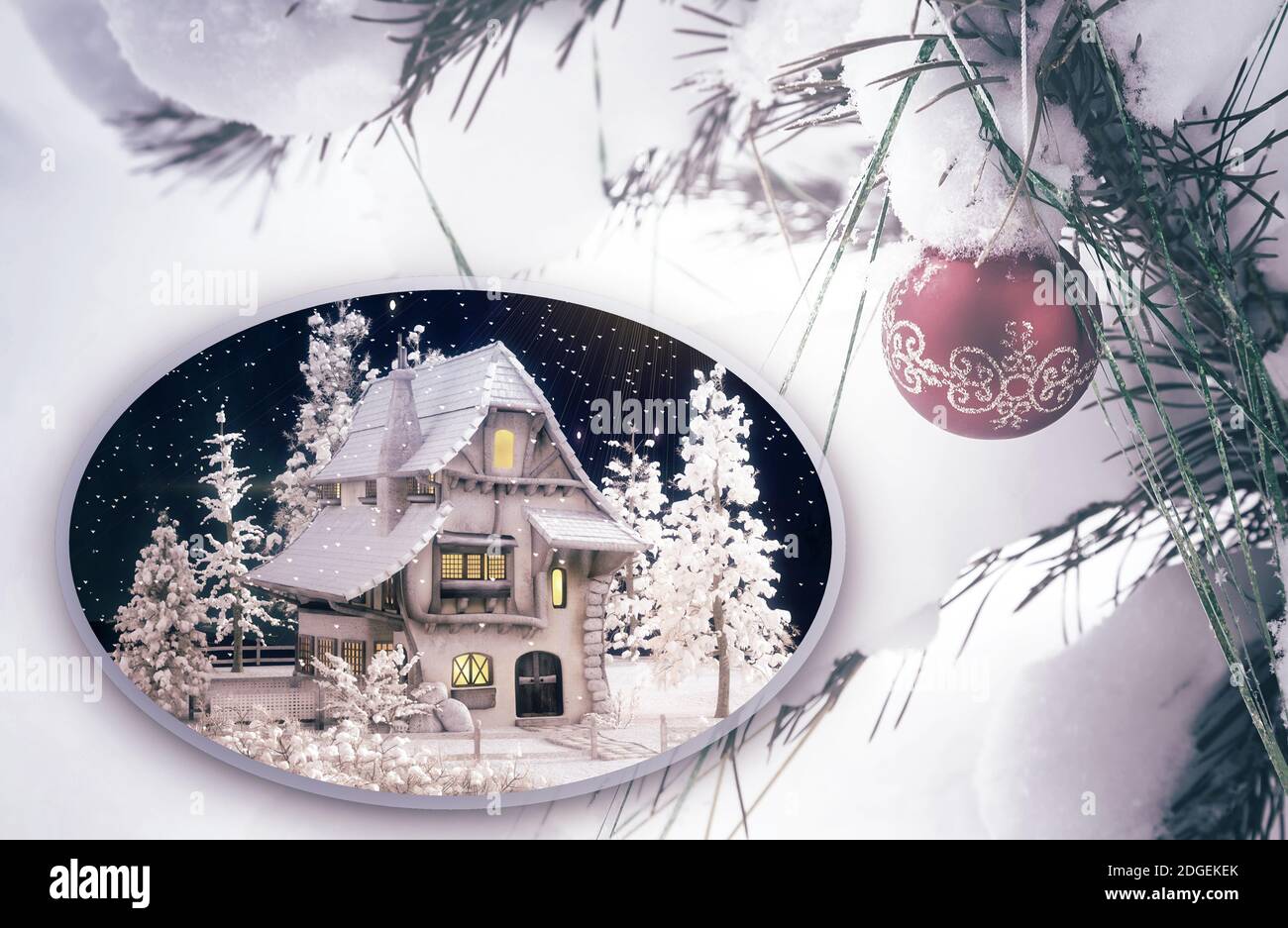 Christmas card with a picture of a festively lit house Stock Photo - Alamy