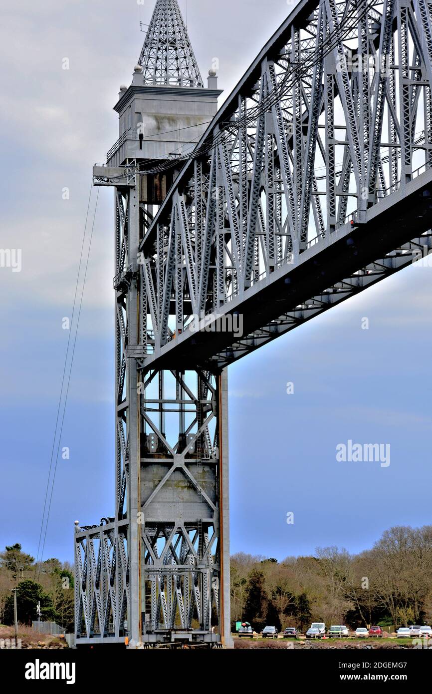 View of one tower of the vertical lift railroad bridge spanning the Cape Cod canal Stock Photo