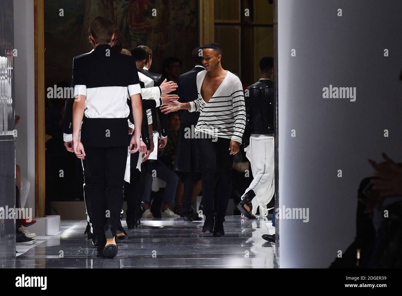 Maluma and Olivier Rousteing attending the Off-White Menswear Spring Summer  2020 show as part of Paris Fashion Week in Paris, France on June 19, 2019.  Photo by Aurore Marechal/ABACAPRESS.COM Stock Photo 