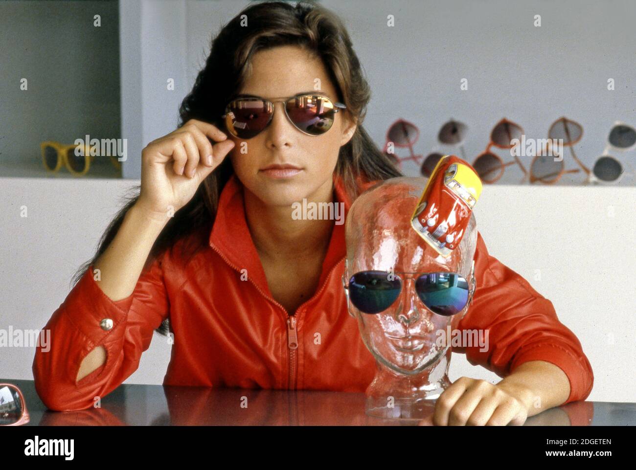 Model wearing hip glasses from LA. Eyeworks on Melrose Ave. circa 1980's Stock Photo