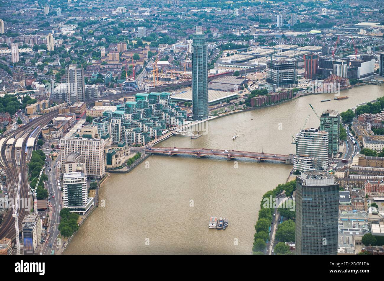 Aerial view of London skysline and River Thames as seen from helicopter Stock Photo