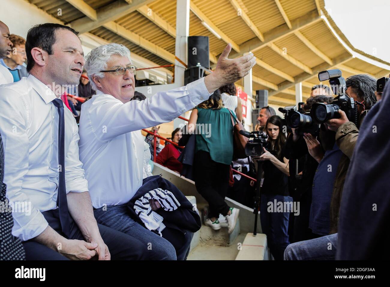 Benoit Hamon, candidate of the left-wing party 'Parti Socialiste' for presidential elections 2017 attends a Landaise race ( course landaise) in Aignan, France on April 17, 2017. Photo by Thibaud Moritz/ABACAPRESS.COM Stock Photo