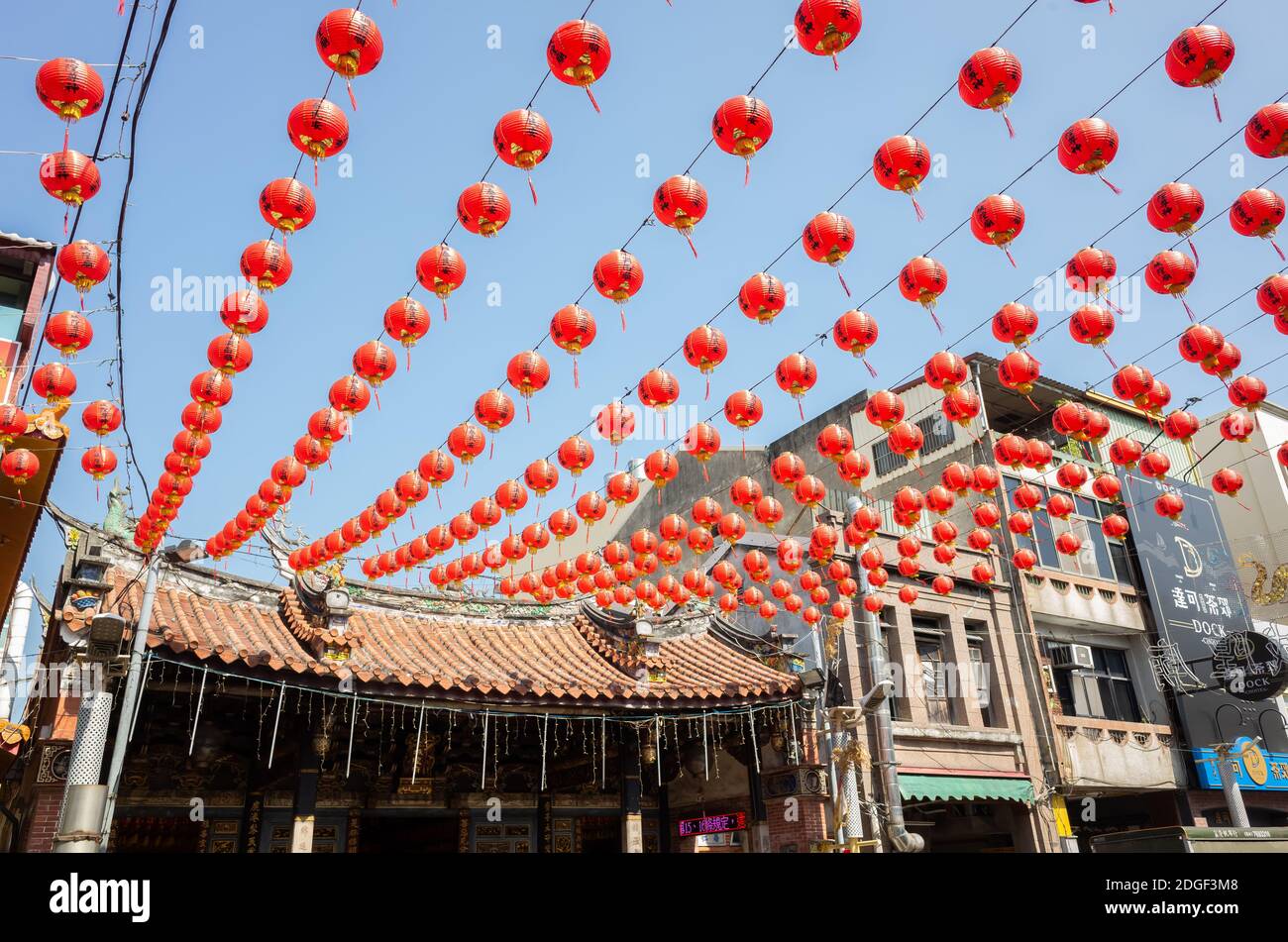 Red lanterns hang over on Cheng huang Temple Stock Photo