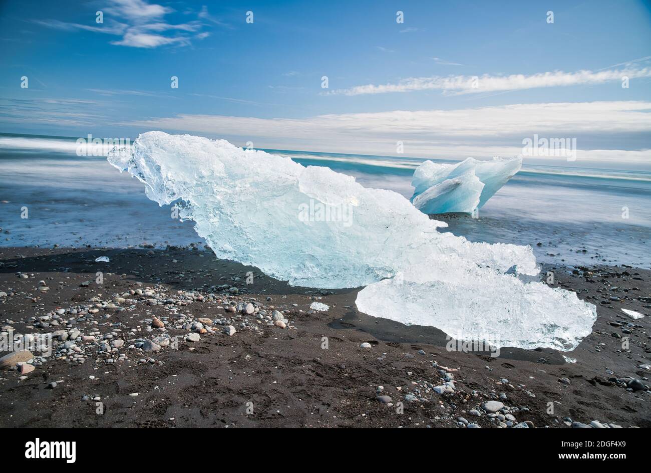 Blurred long exposure view of Icebergs moving in Jokulsarlon Lagoon, Iceland Stock Photo