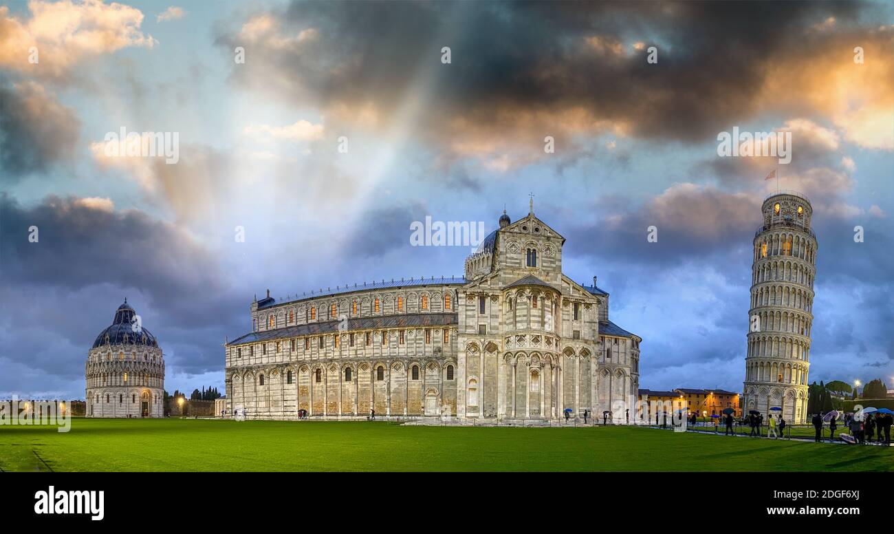 Panoramic view of Square of Miracles in Pisa by night, Tuscany - Italy Stock Photo