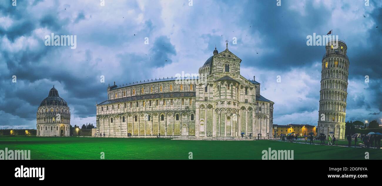 Panoramic view of Square of Miracles in Pisa by night, Tuscany - Italy Stock Photo