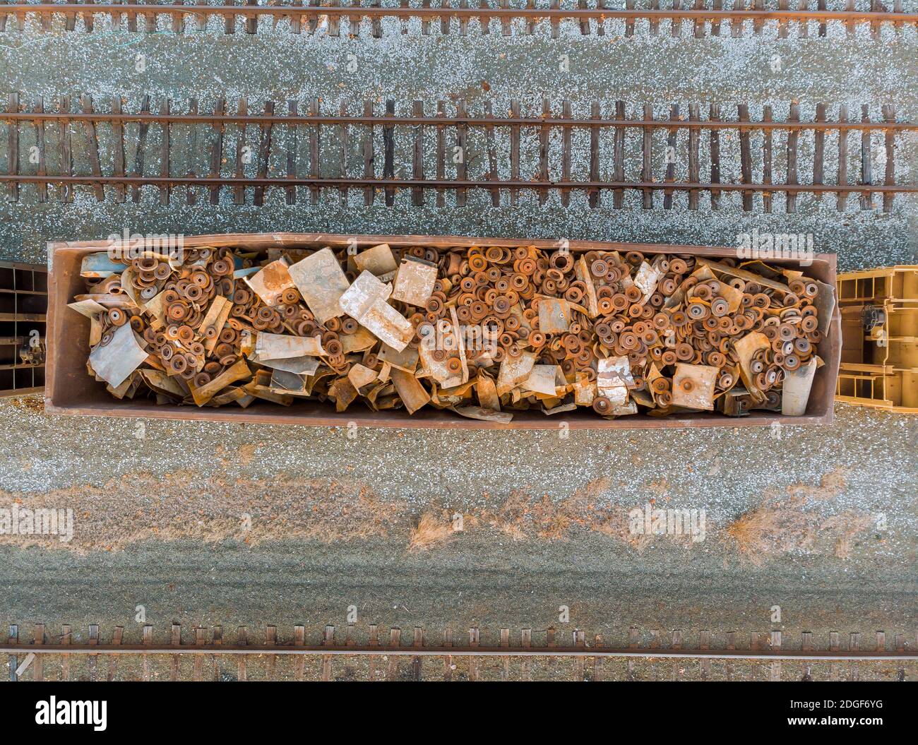 Scrap metal iron from many things in wagons. Stock Photo