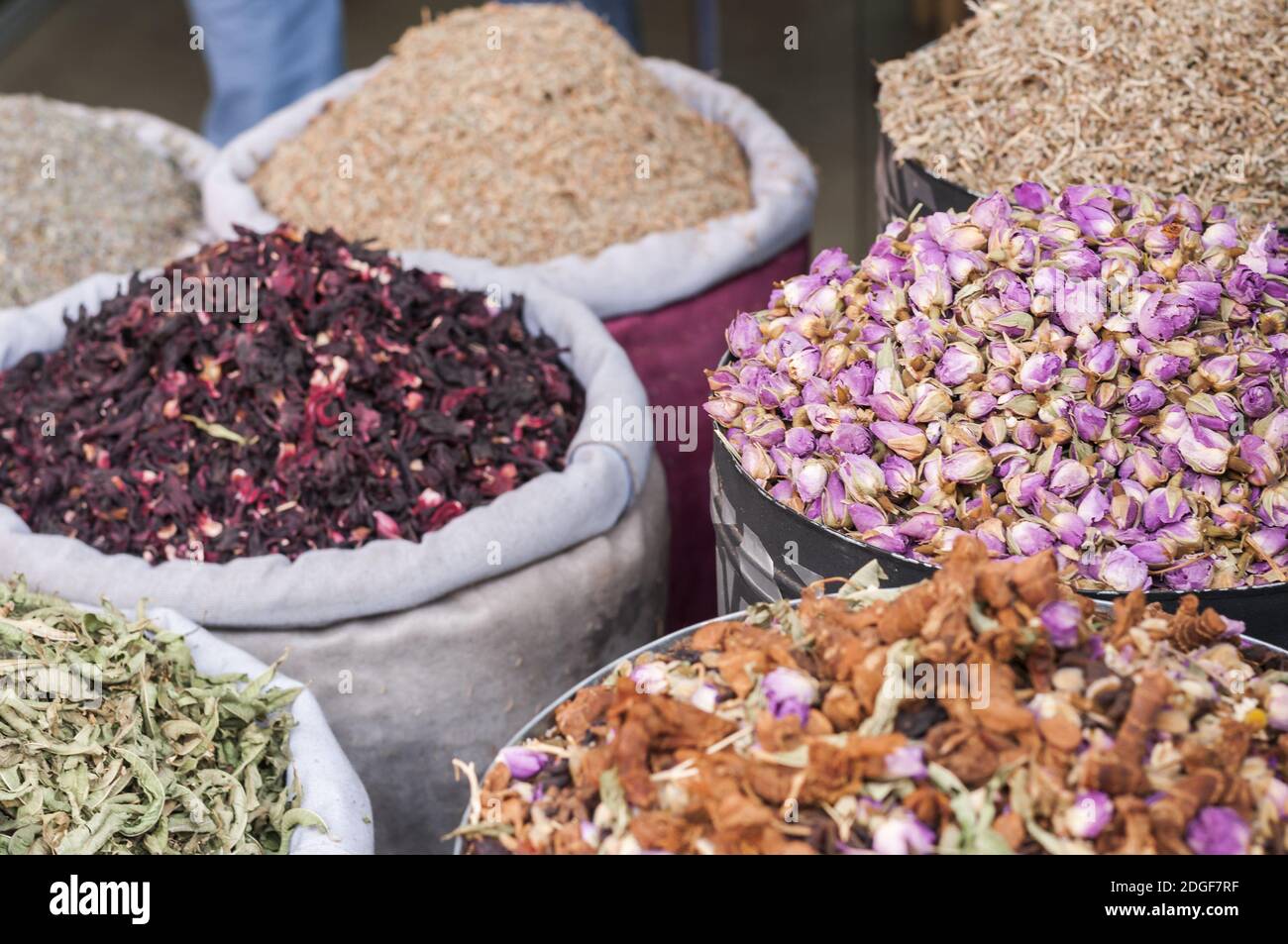 Market stall with sacks full of herbal tea. Stock Photo