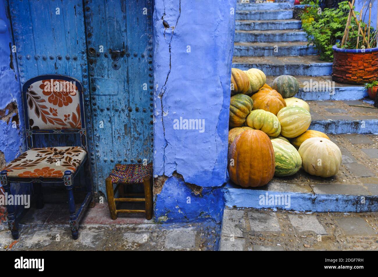 Public walkway in the blue city Chefchaouen, Morocco, Africa. Stock Photo