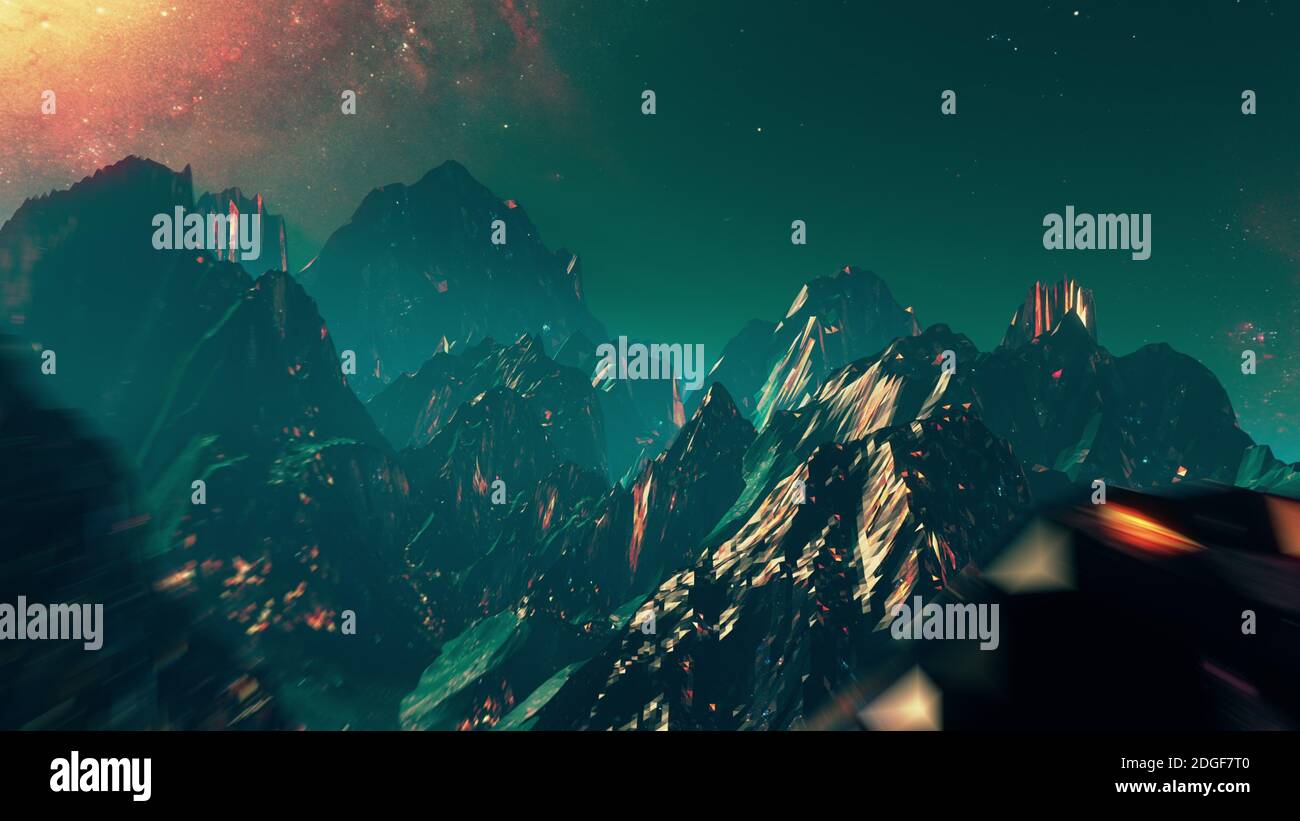 Stylized VJ looping 3D animation with mountains, space and high speed flythrough Stock Photo