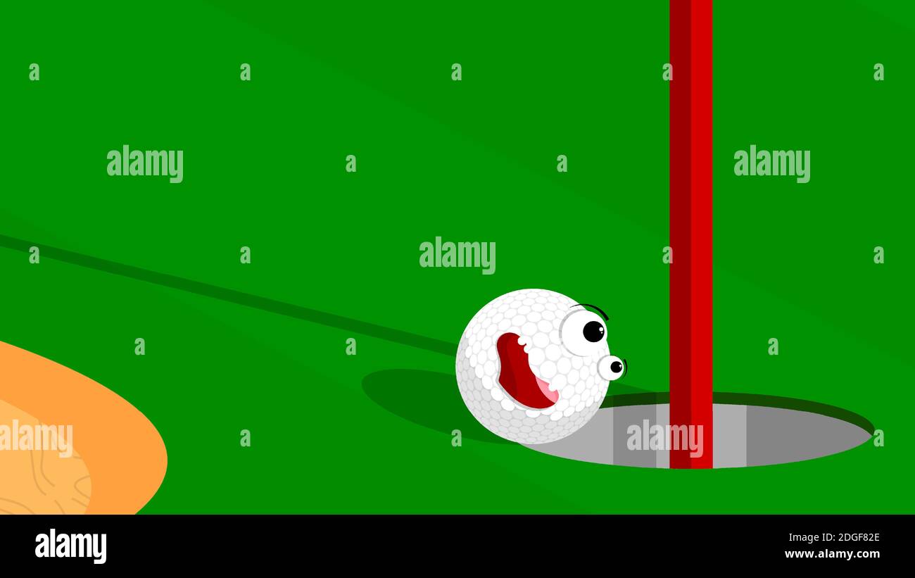 cheerful funny sports golf ball rolling in hole on green field. Golf