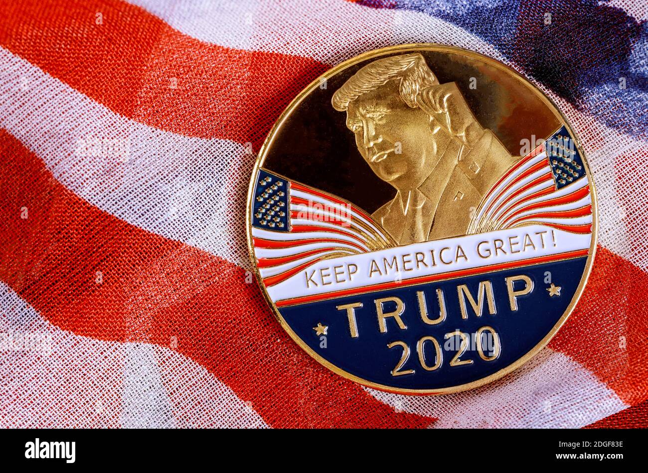 Donald Trump coin presidential against US flag in the election 2020 Stock Photo