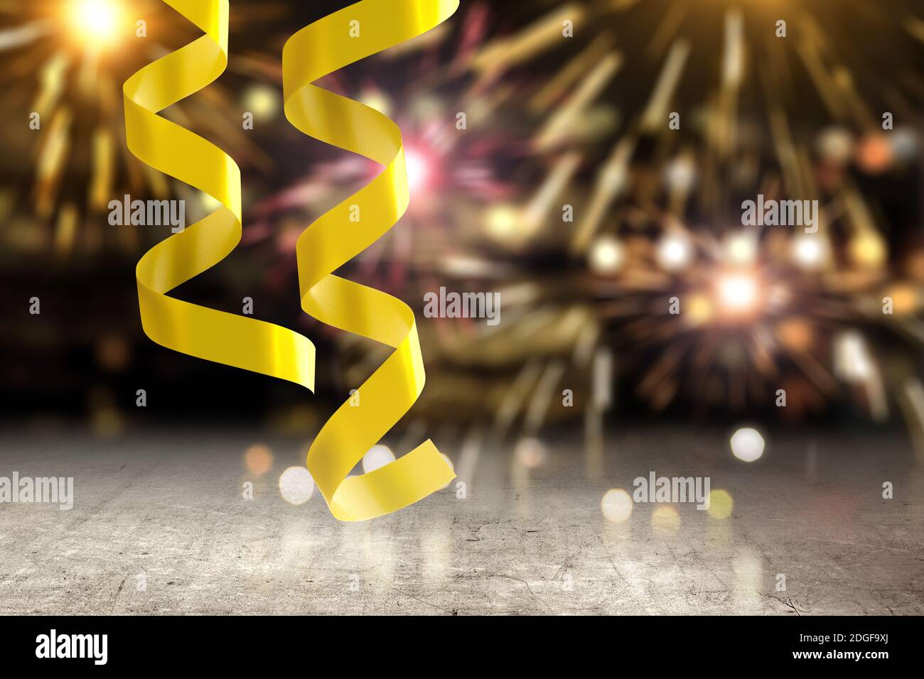 Golden ribbon with colorful fireworks background Stock Photo - Alamy