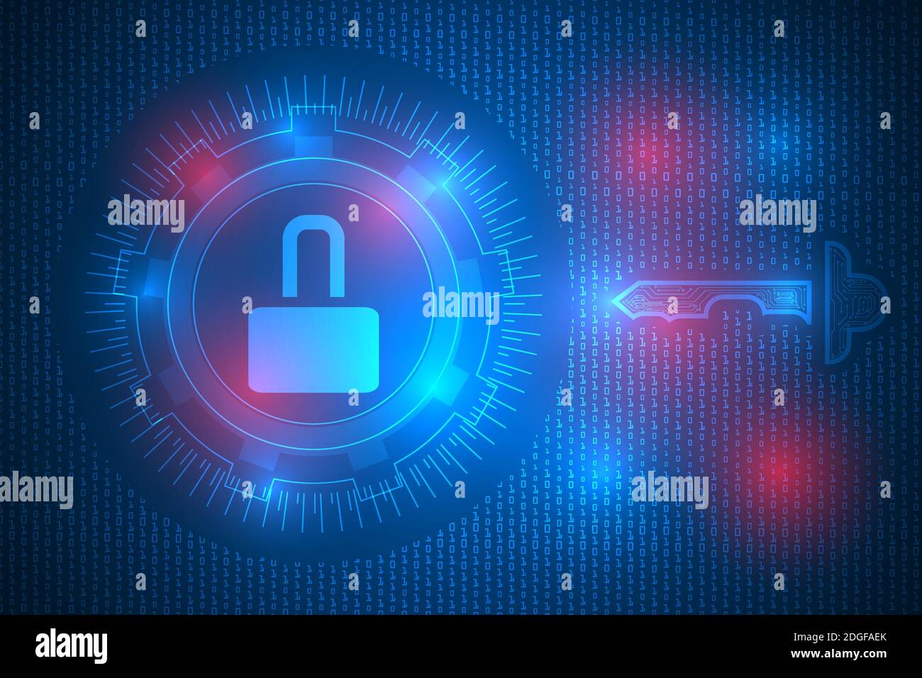 cyberattack security. padlock alert broken showing that cyber attack and risk. vector illustration. digital key with padlock on binary code background Stock Vector