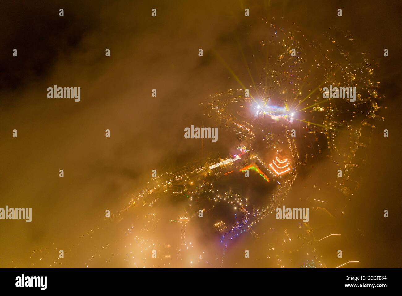 Aerial view of the light show in Gexian Mountain, which attracts many tourists in Qianshan county, Shangrao city, east China's Jiangxi province, 29 No Stock Photo