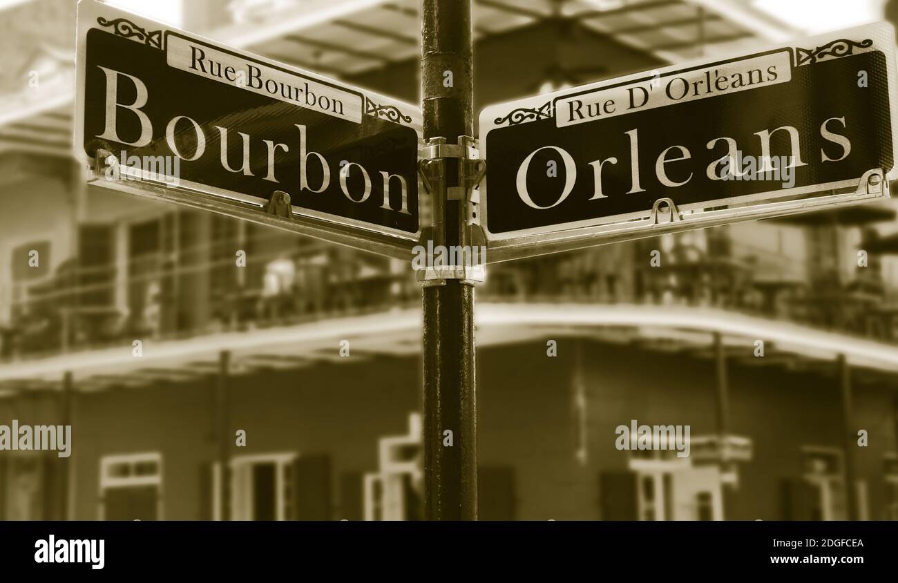 Corner of Bourbon Street in New Orleans French Quarter Stock Photo