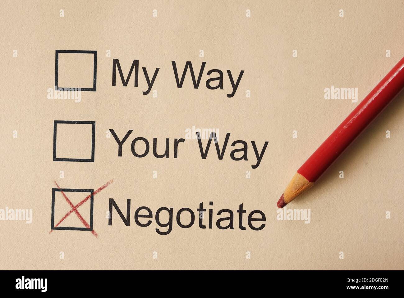 Negotiate and compromise related check boxes Stock Photo
