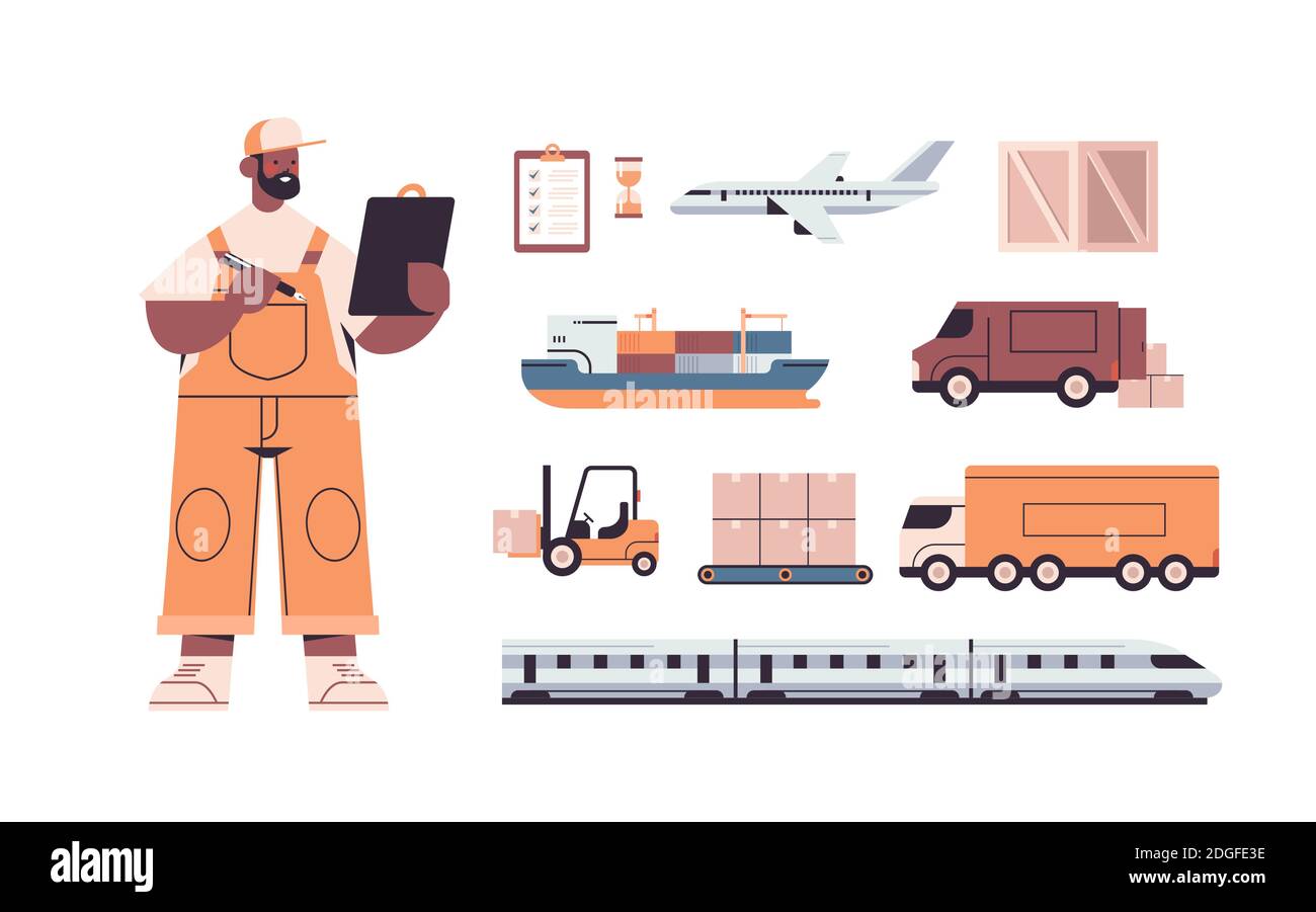 logistic transportation set of different transport and deliveryman in uniform express delivery service concept horizontal isolated vector illustration Stock Vector