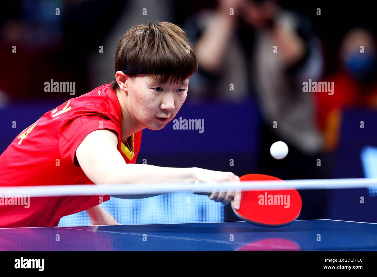Chinese table tennis player Wang Manyu plays against Chinese table ...