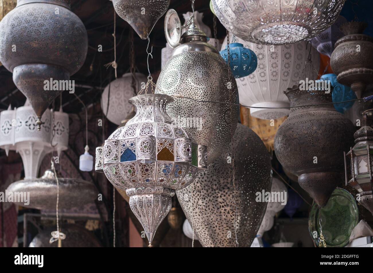 Background of oriental lampshades in a souk. Stock Photo
