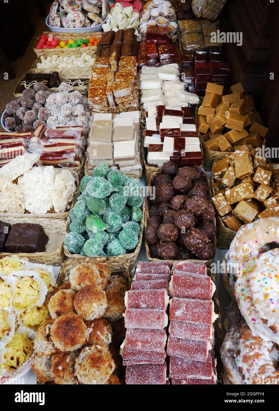 Fidge, cookes, chocolate and assorted desserts in Cuenca Ecuador Stock Photo