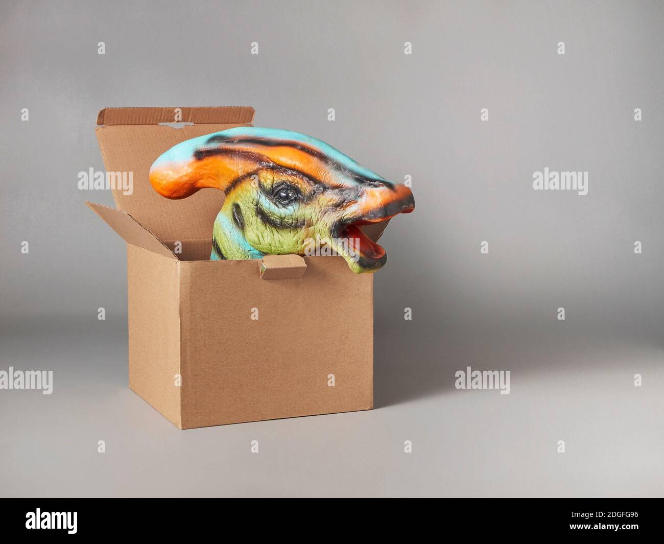 a monster head hand puppet toy that comes out of a cardboard box Stock Photo