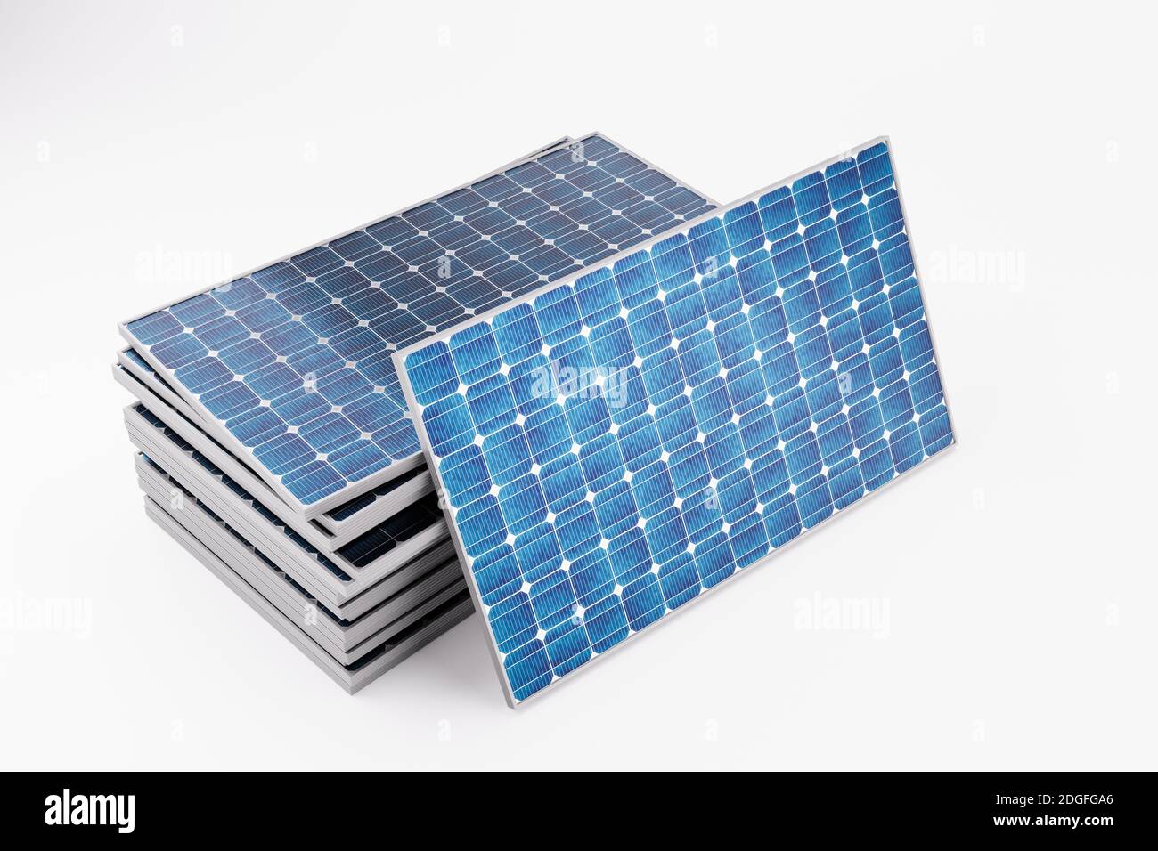 3D render illustration of the group of stacked solar battery panels Stock Photo