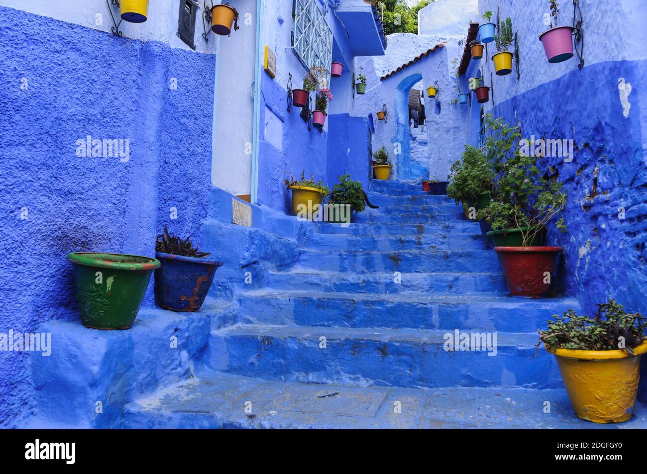 Street in the blue city Chefchaouen, Morocco, Africa. Stock Photo