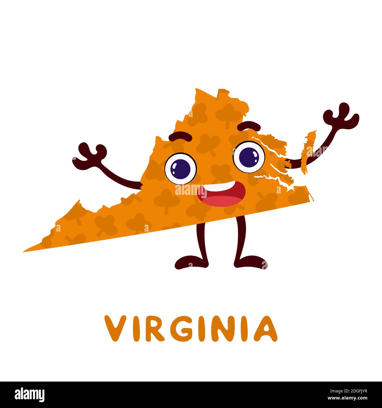 Cute cartoon Virginia state character clipart. Illustrated map of state of Virginia of USA with