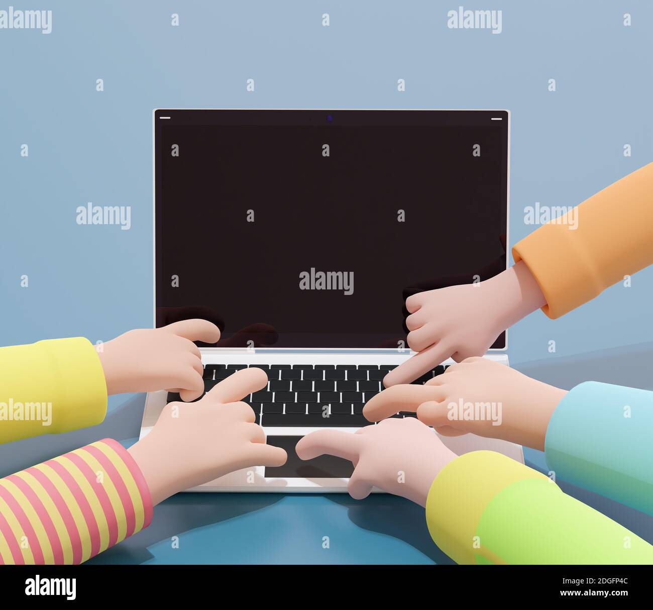 Kids cartoon hands pressing laptop buttons. 3d illustration. Render. Stock Photo