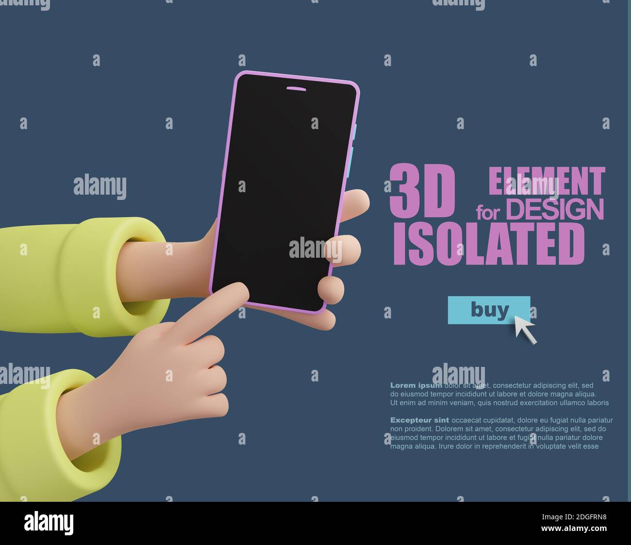 A cartoon 3D hands holding a mobile phone. Index finger presses