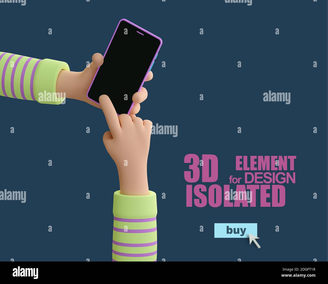 A cartoon 3D hands holding a mobile phone. Index finger presses