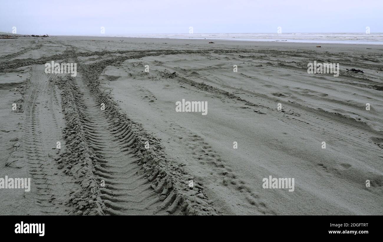 Tyre marks in sand on Waitarere Beach, NZ Stock Photo