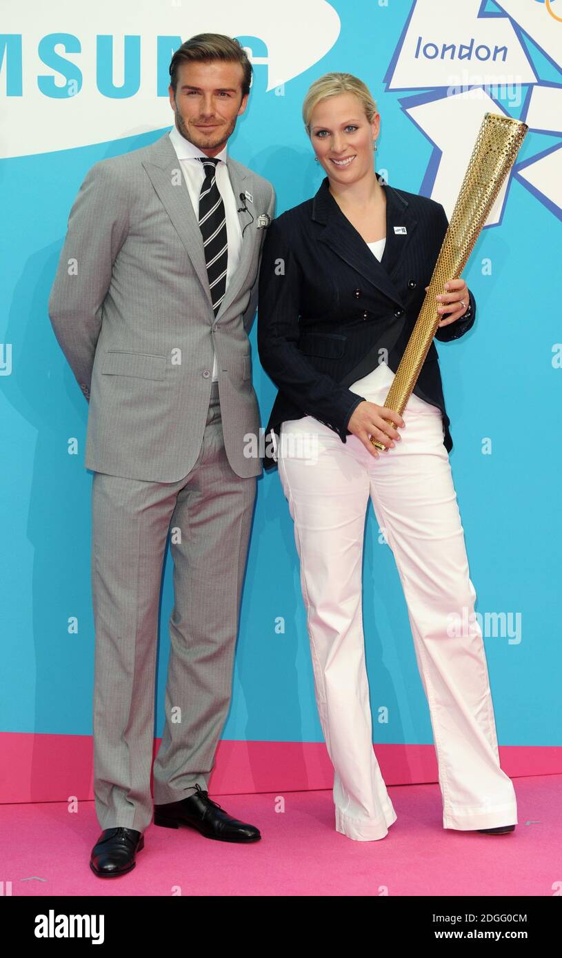David Beckham and Zara Phillips at the Everyone's Olympic Games with  Samsung launch, Canary Wharf, London Stock Photo - Alamy