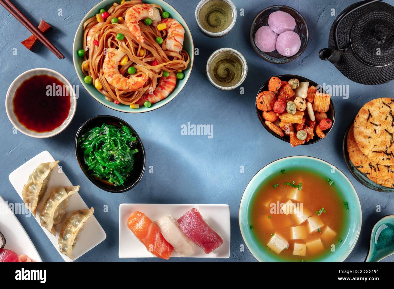 Japanese food design template with copy space. Dishes of Japan, shot