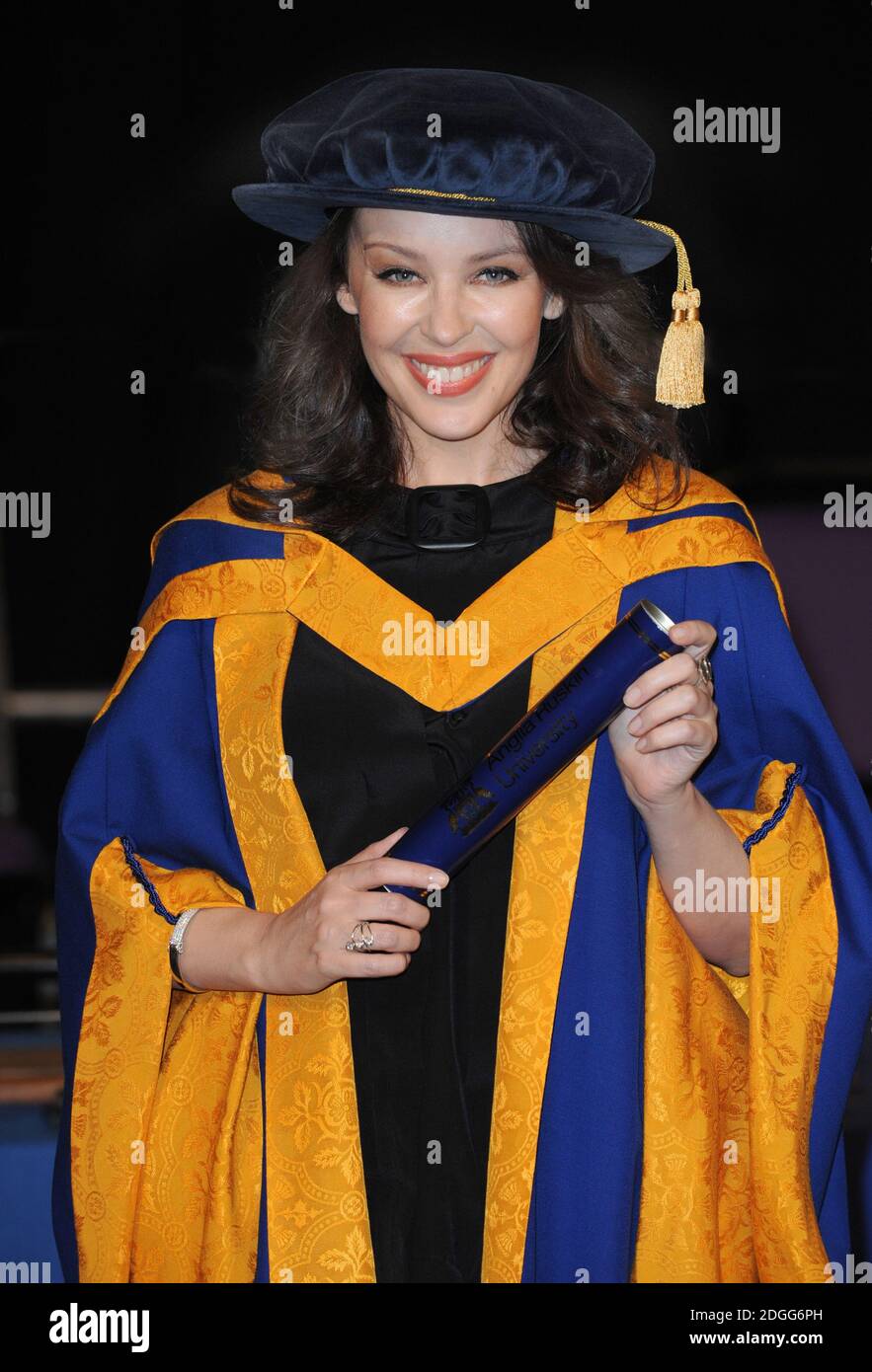Kylie Minogue receives her Honorary Degree and is made a Doctor of Health and Sciences at the Anglia Ruskin University, Chelmsford, Essex. Stock Photo